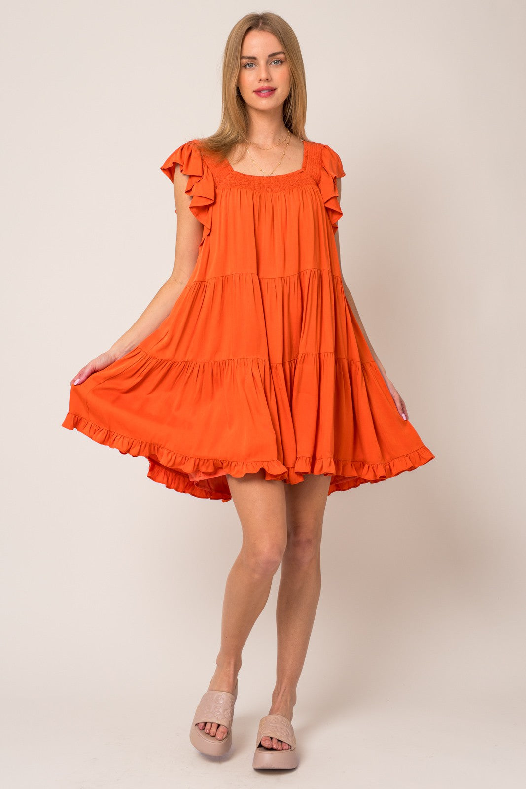 Megan Orange Ruffle Sleeves Mini Dress