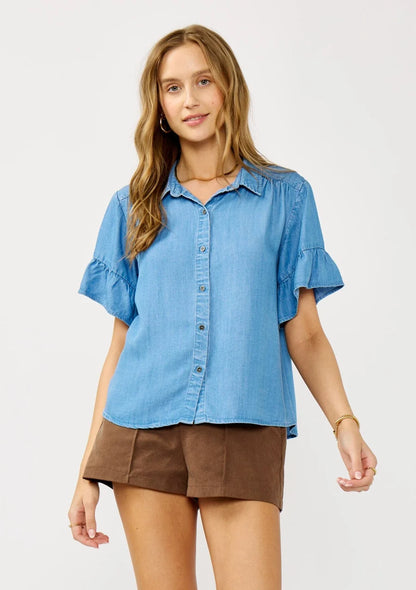 Pearl Ruffle Sleeve Button Down