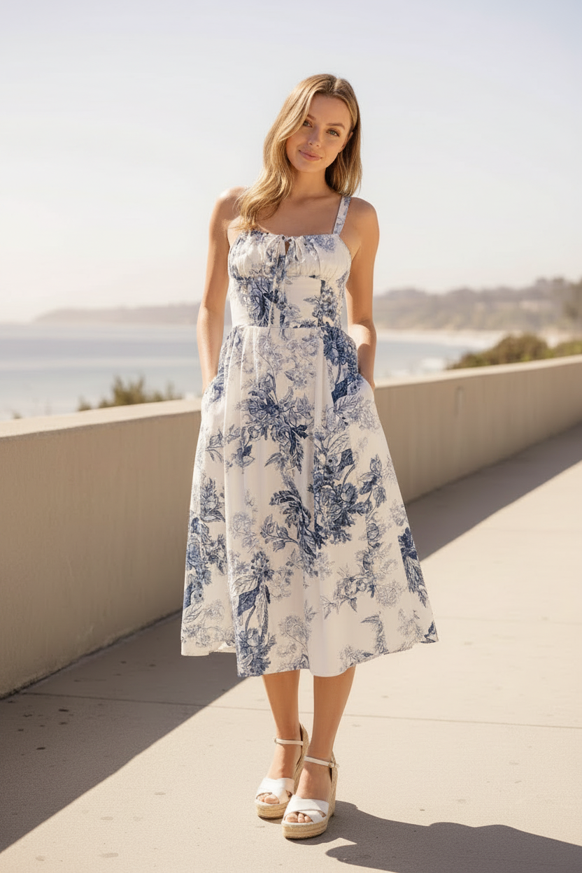 Dara Midi Dress in Off White/Blue in a natural Laguna Beach setting with matched colors