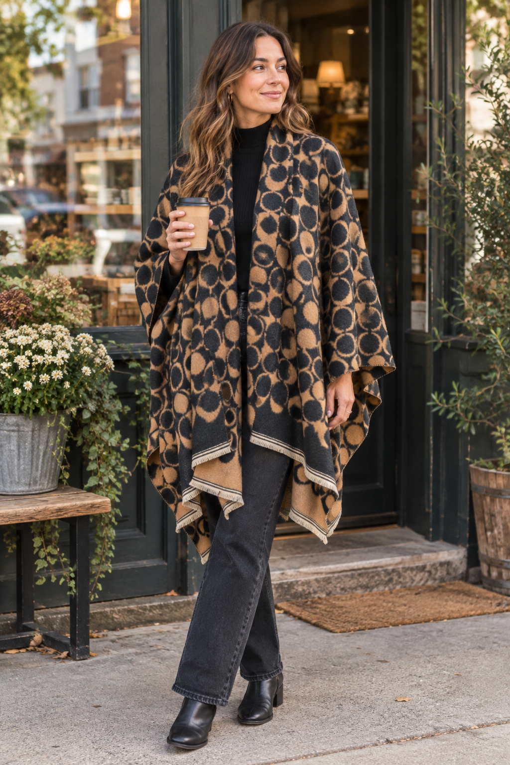 Model wearing The Willow Wrap outside a shop while holding coffee