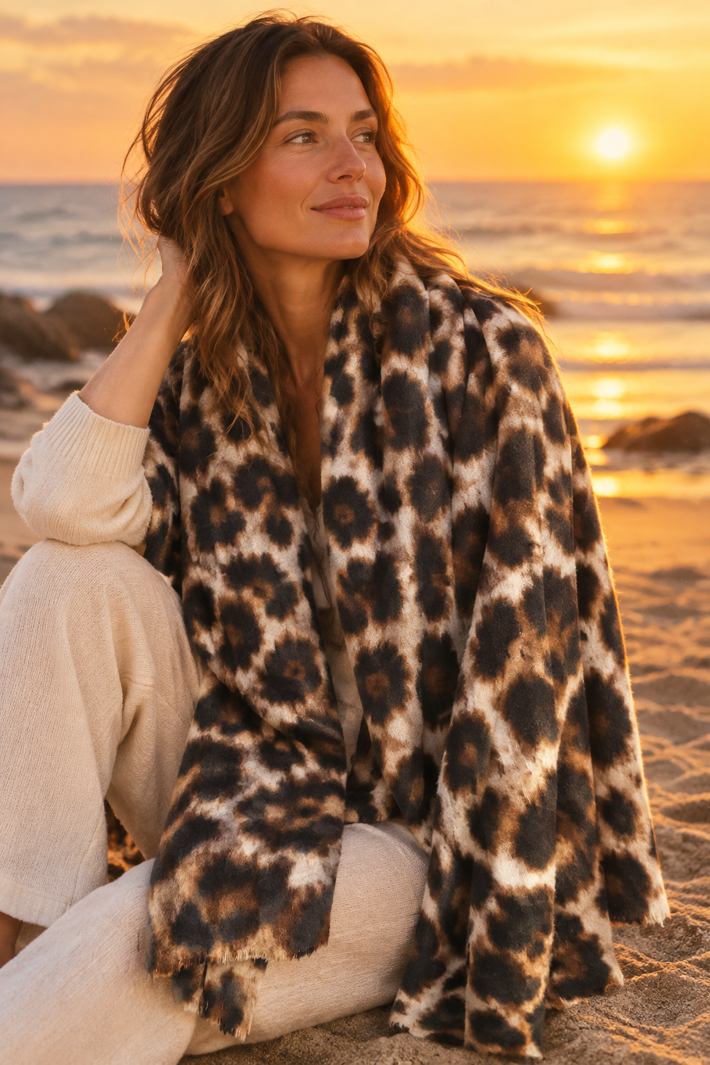 Model wearing Wildly Wrapped blanket scarf on a beach at sunset